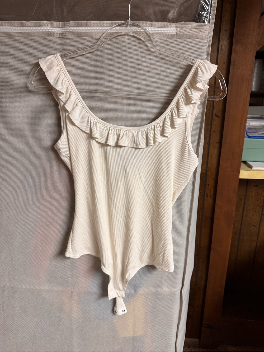 ACOA Collection Ivory Ribbed Ruffle-Neck Bodysuit  Medium - Picture 2 of 4